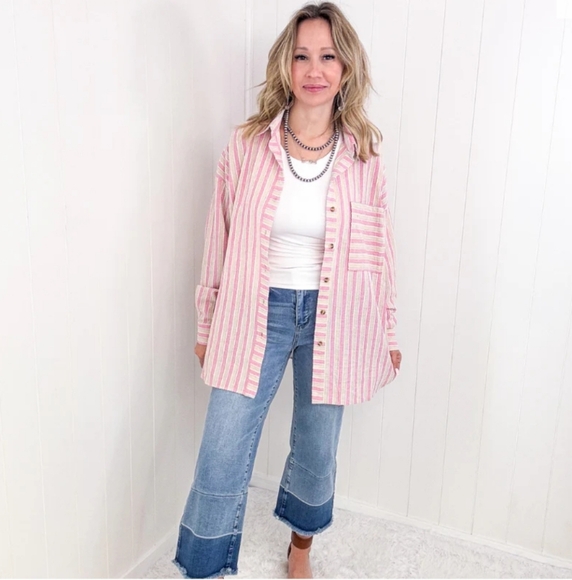 Easel Oversized Pink Blue Striped Textured Long Sleeve Button Up Top Shacket - Picture 2 of 9